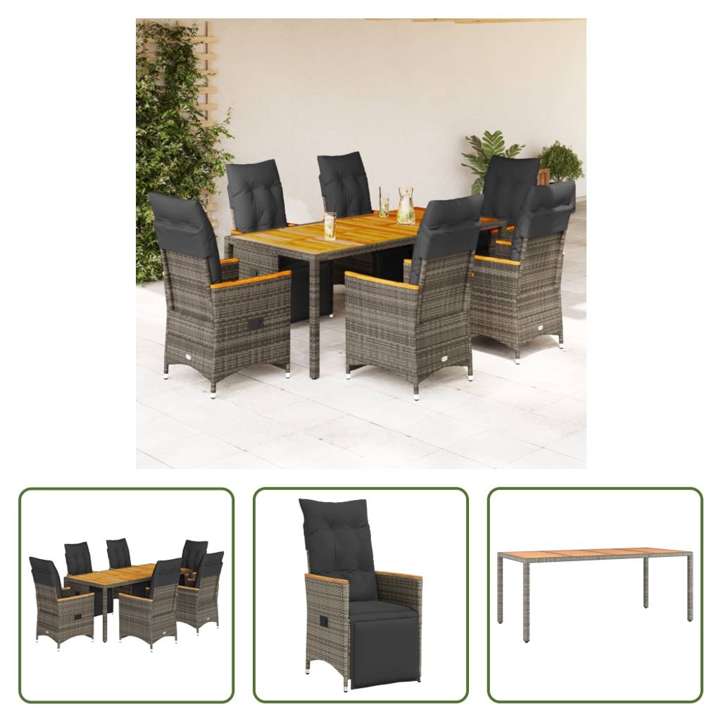 The Living Store 7-tlg. Garten-Bistro-Set mit Kissen Grau Poly Rattan