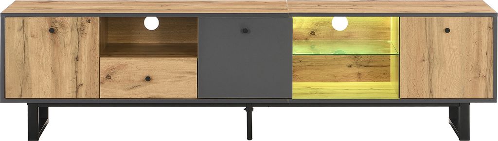 Lowboard Wohnzimmer-TV-Schrank Niedriger Schrank Mit LED-Lichteffekt Glastrennwand Pufferscharnier Spanplatte Holz- und Anthrazitfarben