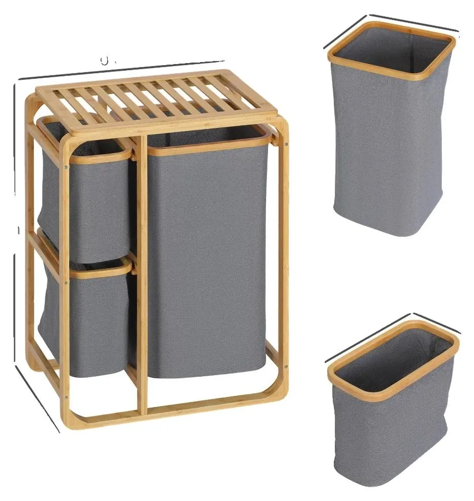 Panier à linge en bambou avec 3 sacs amovibles, format 50 x 32 x 70 cm