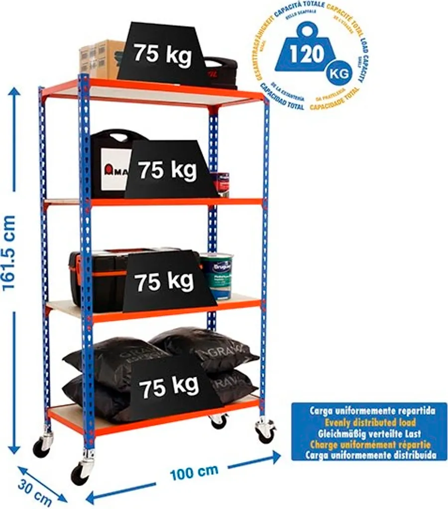 Stockage Mobile Atelier MADERCLICK 4 Niveaux Bois Métal 1500mm Bleu