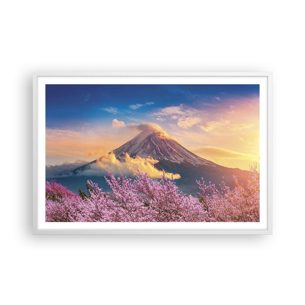 Gerahmtes Poster - Weißer Rahmen - Fuji Blume Kirsche - 91,5x61 cm - Wand Bild - Wanddeko - Wandbilder - Kunstposter - Wandposter - Bilderrahmen -...