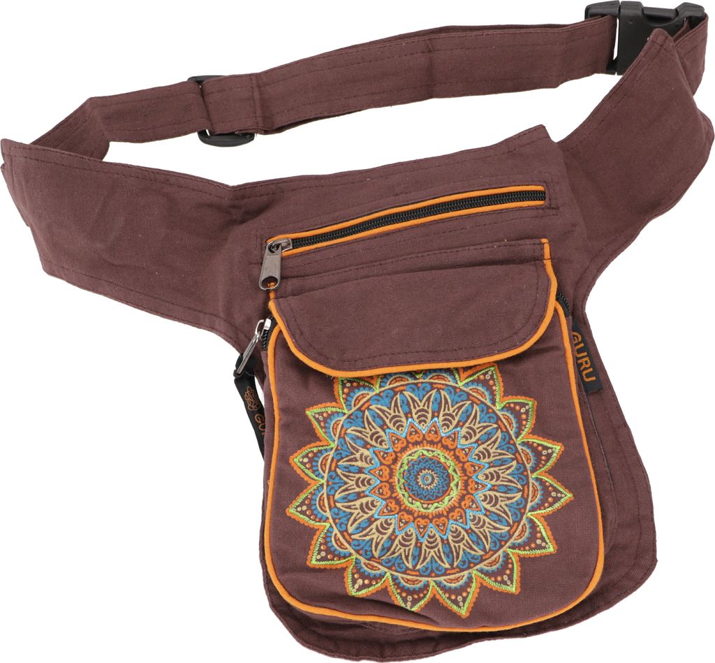 Stoff Sidebag & Hüfttasche Mandala, Goa Gürteltasche, Bauchtasche aus Nepal - Braun, Uni - Erwachsene, Baumwolle, 25*20*4 cm, Festival- Bauchtasc...