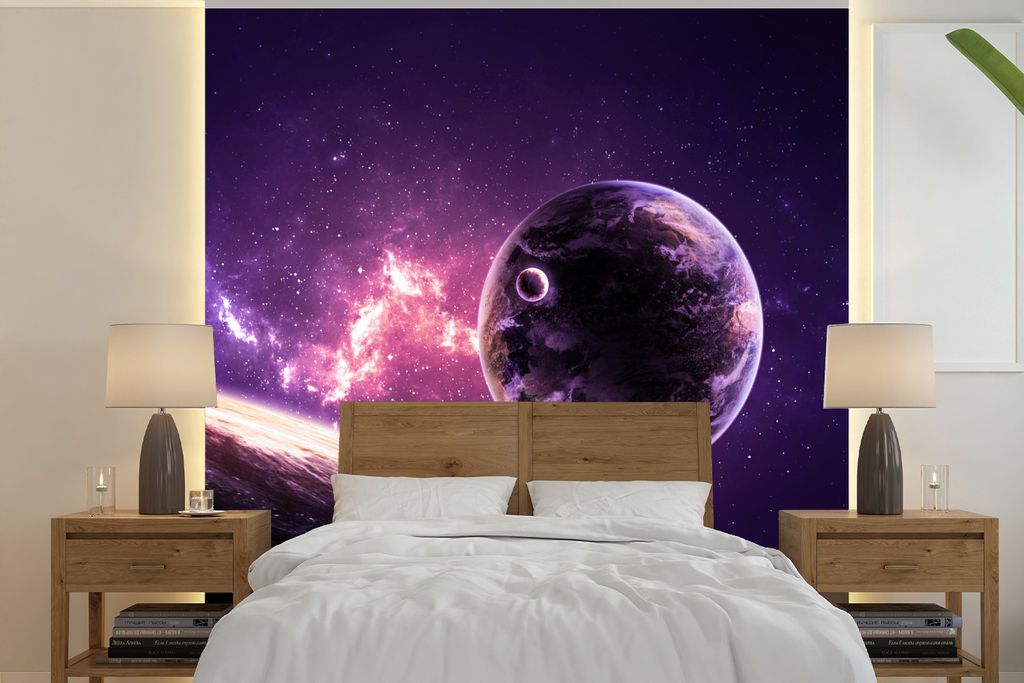 MuchoWow Fototapete für Wohnzimmer oder Schlafzimmer Wandtapete Vinyl Motivtapete Planeten - Sterne - Lila - 220x220 cm - Tapeten