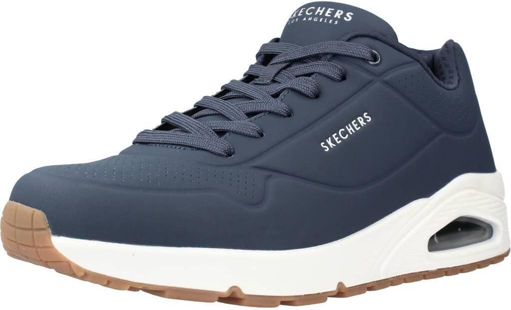 A blue Skechers Uno sneaker is shown from the side against a white background.