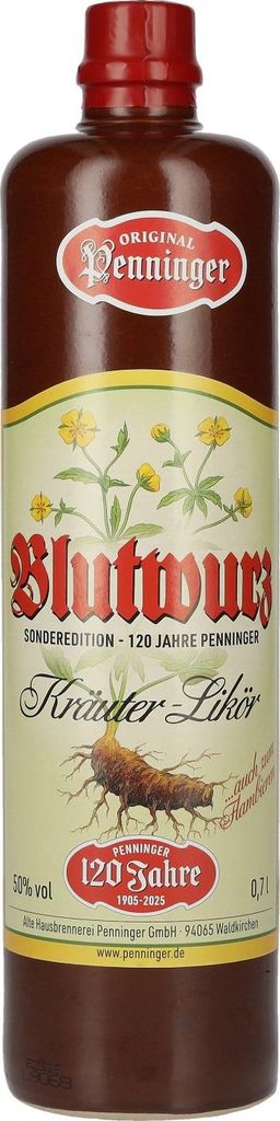 A bottle of Penninger Blutwurz herbal liqueur.