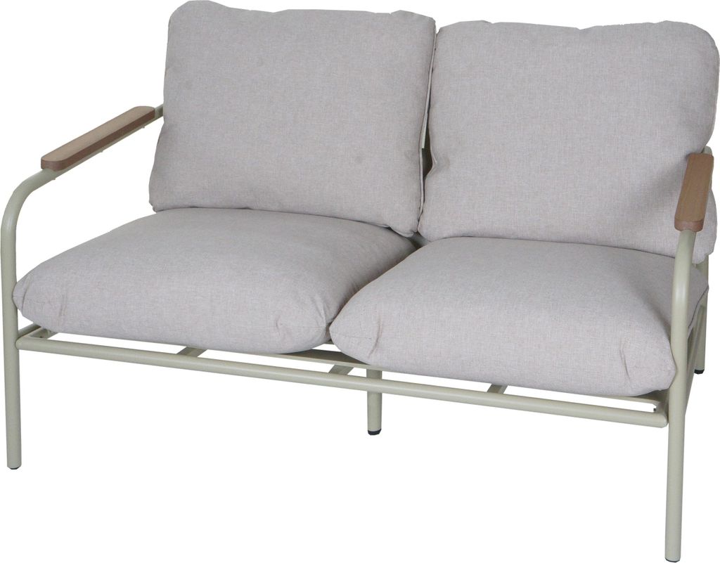 Aluminium-Gartenbank MCW-O11, Outdoor 2-Sitzer Sitzbank Sofa, Olefin Stoff (205 g/m²) 125cm hellgrün Polster beige