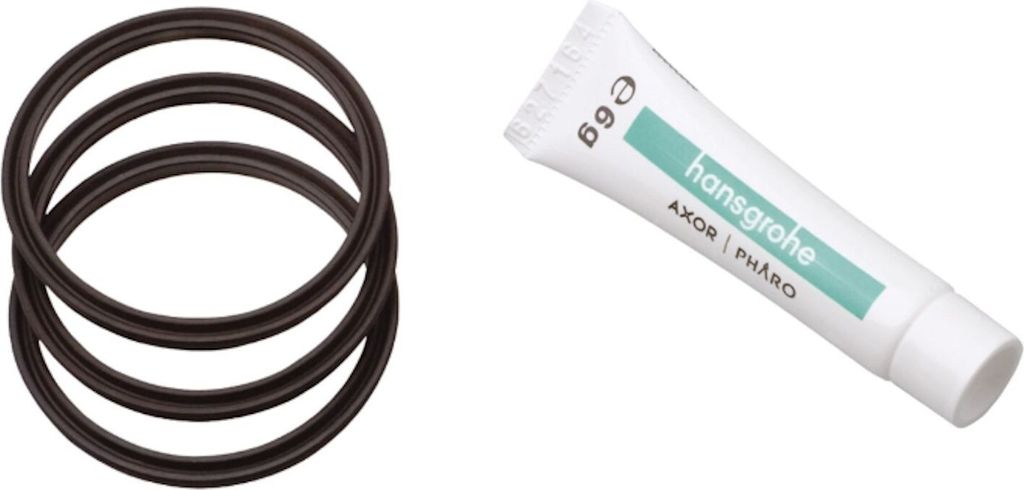 A set of black rubber O-rings and a small tube of Hansgrohe lubricant are shown against a white background.