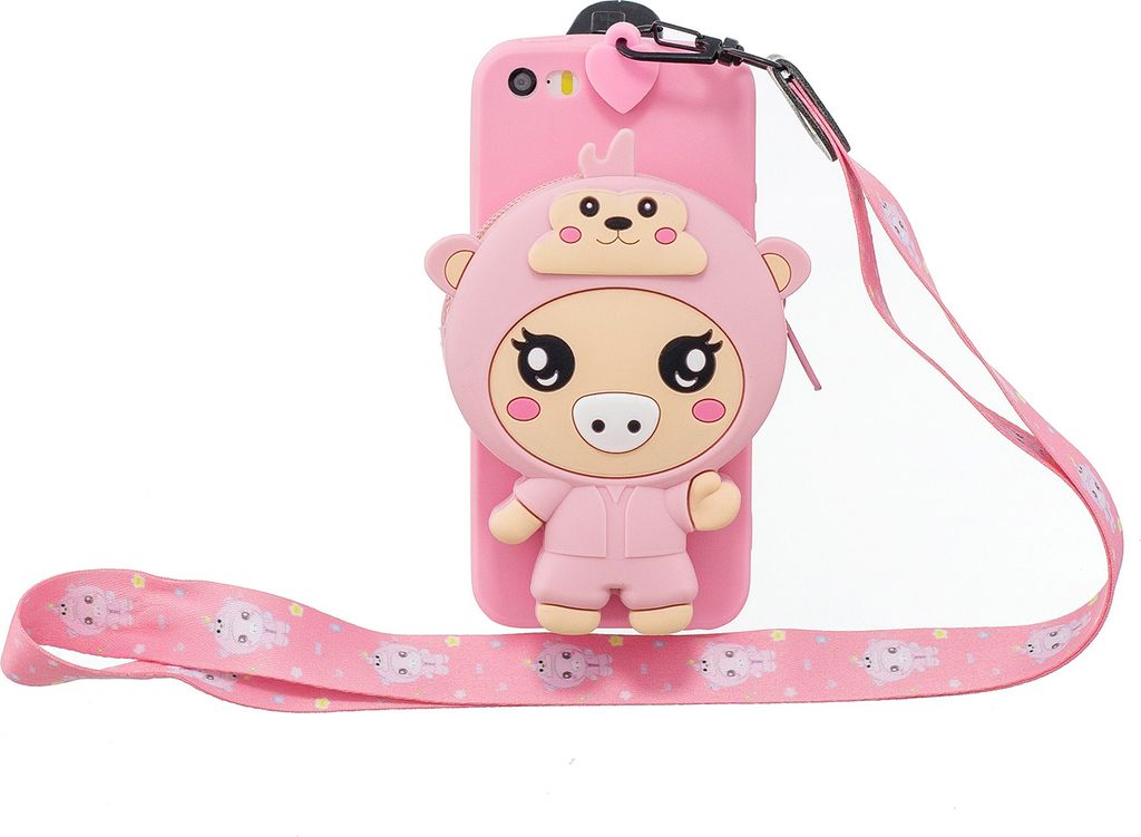 Für Iphone 5 / 5S SE Cartoon Hanging Lanyard + Fall Resistant TPU Full Protective Handyhülle mit Münztasche 3 tief rosa Ferkel