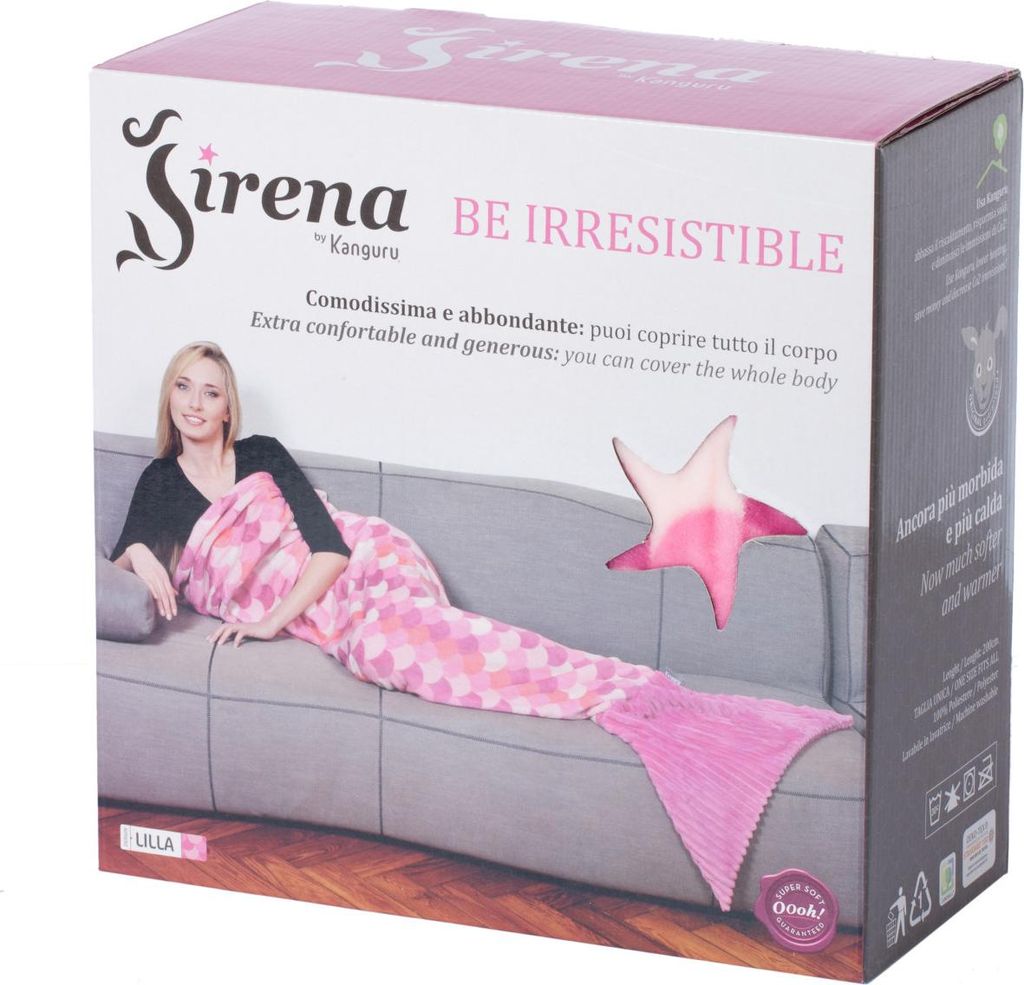 A product box for a mermaid tail blanket, showing a woman using the blanket on a couch.