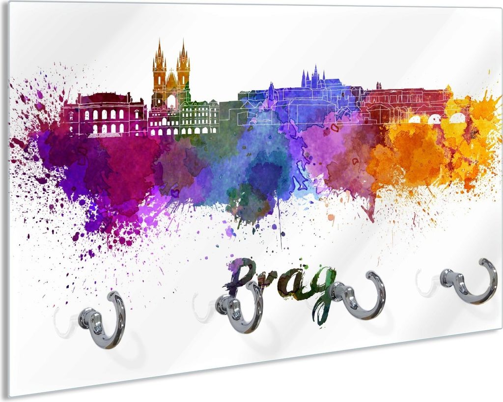 Wallario Handtuchhalter aus Glas, Motiv: Städte als Aquarell - Skyline von Prag, 30 x 20 cm mit 4 Haken
