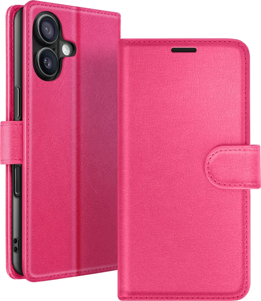Zanaé, custodia flip per iPhone 16 Plus con patta magnetica e slot per carte di credito, rosso fucsia