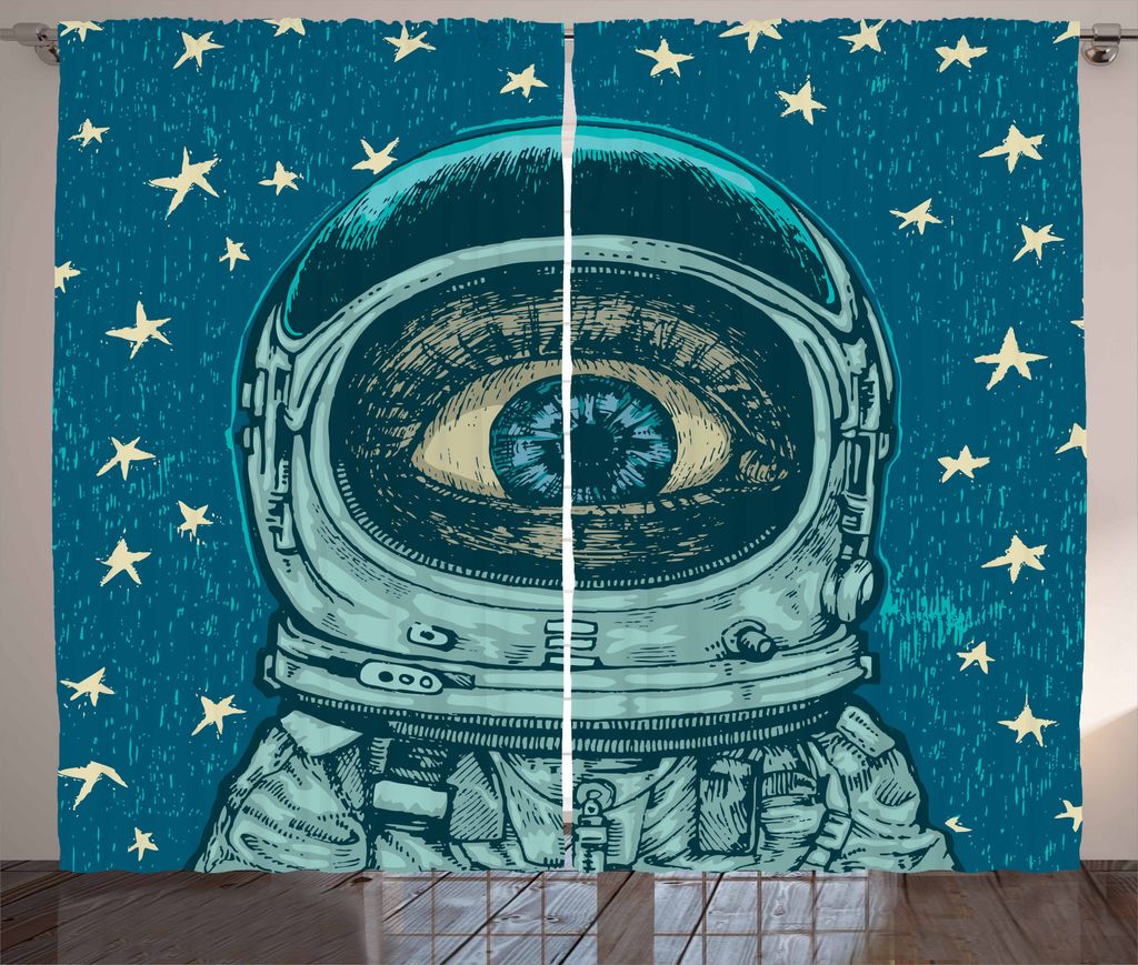 ABAKUHAUS Astronaut Rustikaler Vorhang, Amazed Astronaut Eye, Wohnzimmer Universalband Gardinen mit Schlaufen und Haken, 280 x 175 cm, Dark Blue Teal