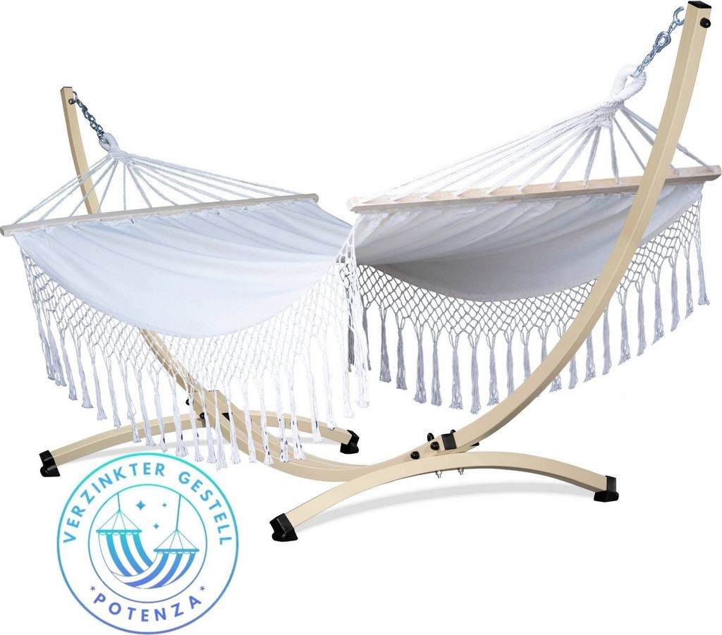 Potenza Outdoor Hängematte mit Gestell für 2 Personen I Stabhängematte XXL 220x160, 200kg I Verzinkter Ecru Hängemattengestell 220kg Wetterfest