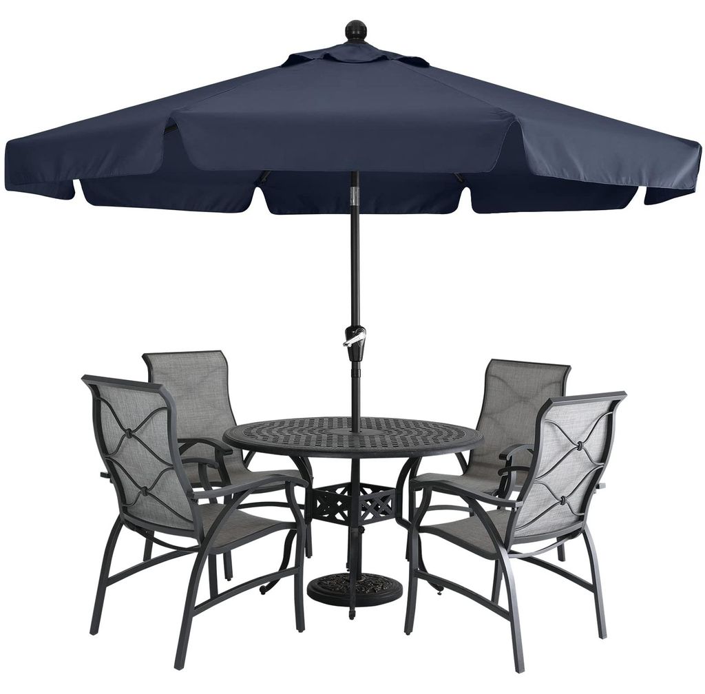 Verstellbarer Sonnenschirm (270 cm Durchmesser) mit attraktiver Volant, 8 Streben und Kurbelgriff, für Terrasse, Garten, Patio, Markt, marineblau