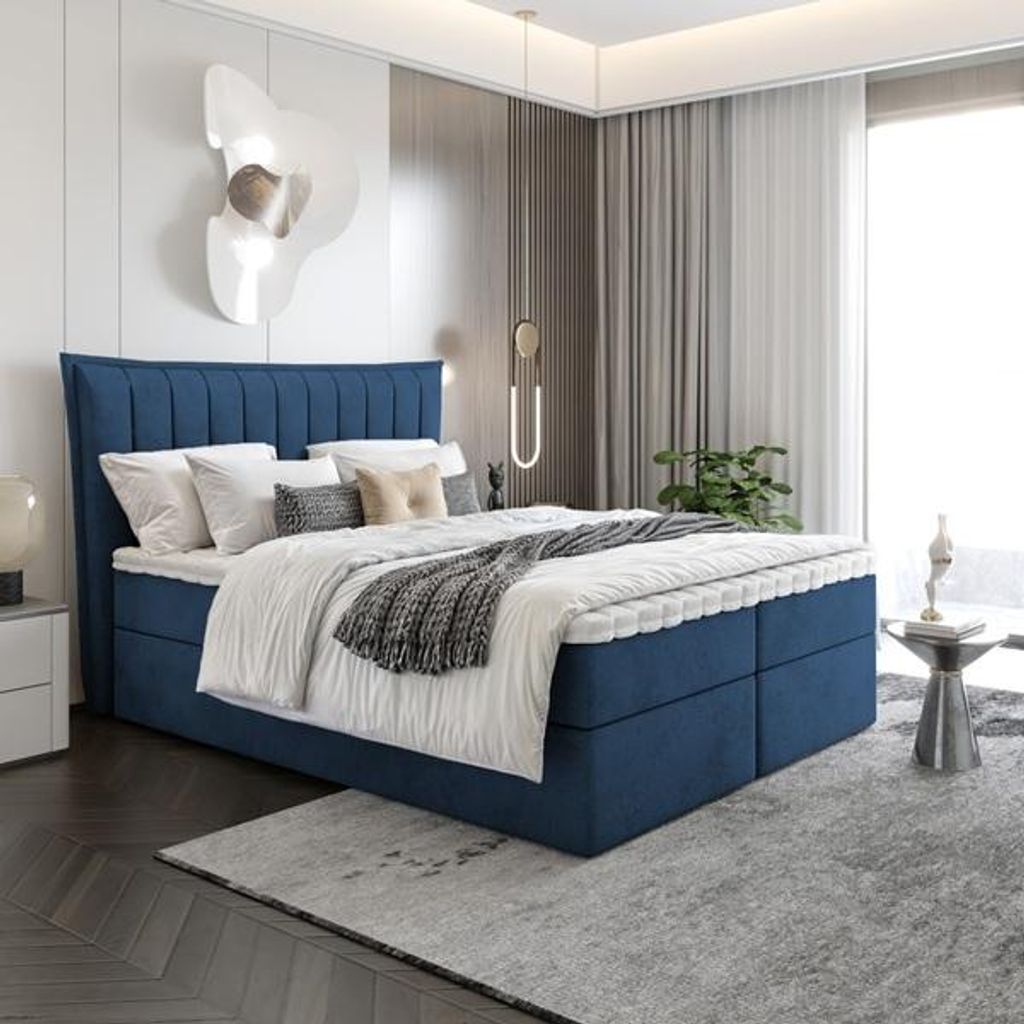 Bett Boxspringbett LUNA mit Topper T25 und Bettkästen - Doppelbett, Stauraum, Schlafzimmer, Polsterbett, Bettgestell (200x200, Dunkelblau - ITAKA 11)