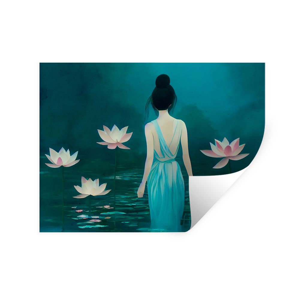 MuchoWow Wandtattoo Wandsticker Wandaufkleber Frau - Porträt - Wasser - Blumen - Lilie 80x60 cm Selbstklebend und Repositionierbar - Faltenfrei