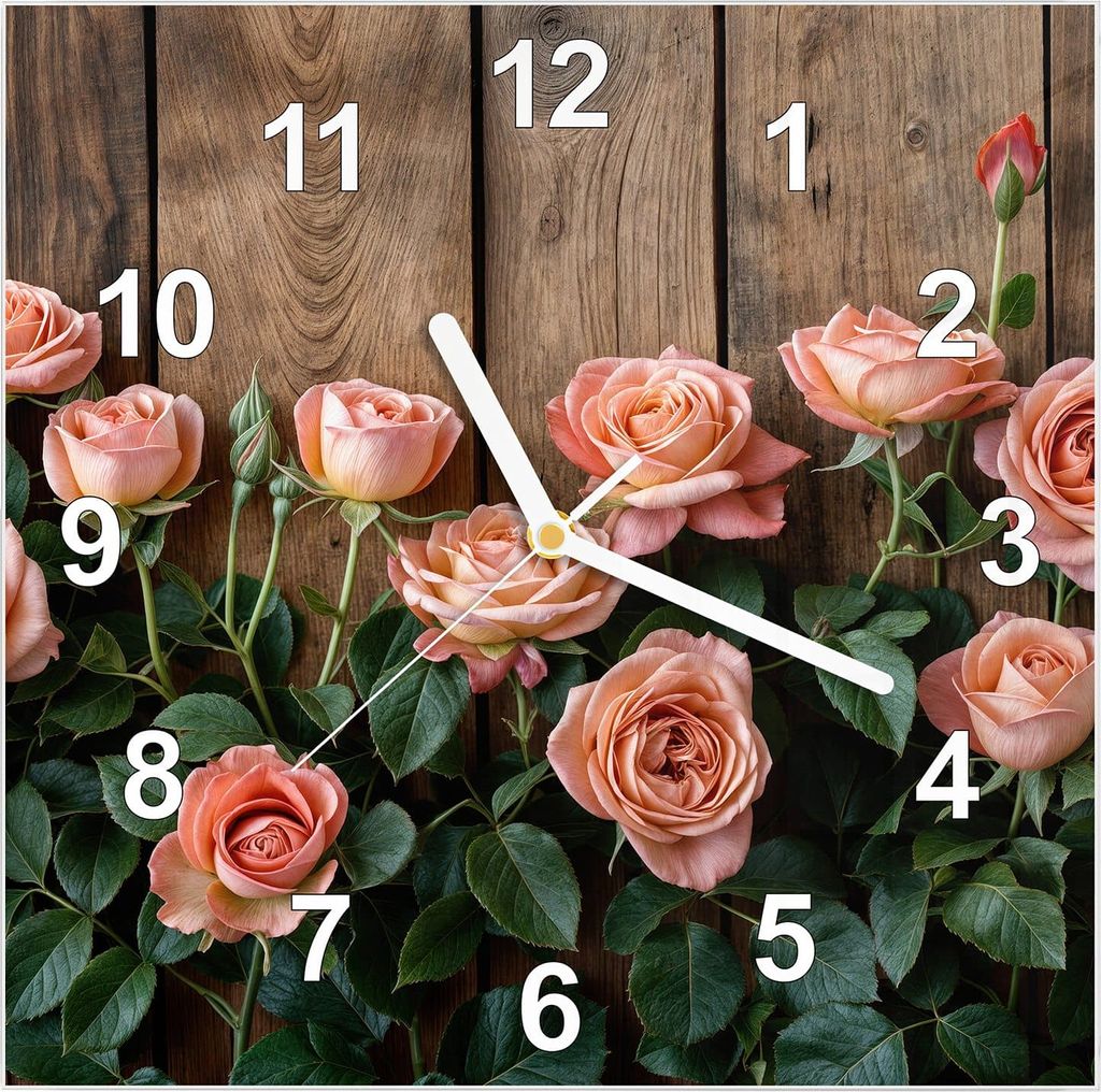 Wanduhr aus Glas mit Motiv Rosen Holzhintergrund- 30 x 30 cm - inkl. Aufhängesystem