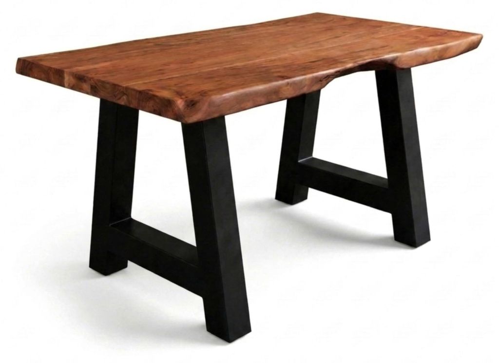 Baumkantentisch Cali 120 x 80 cm, Akazienholz massiv nussbaumfarben, 50 mm Tischplatte, Esstisch mit A-Metallgestell Schwarz, Industrial-Design