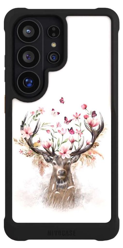 NIVOCASE Hülle für Samsung Galaxy S26 Ultra Stoßfeste Handyhülle NIVOmax Case Schwarz Blumen Hirsch Tiere