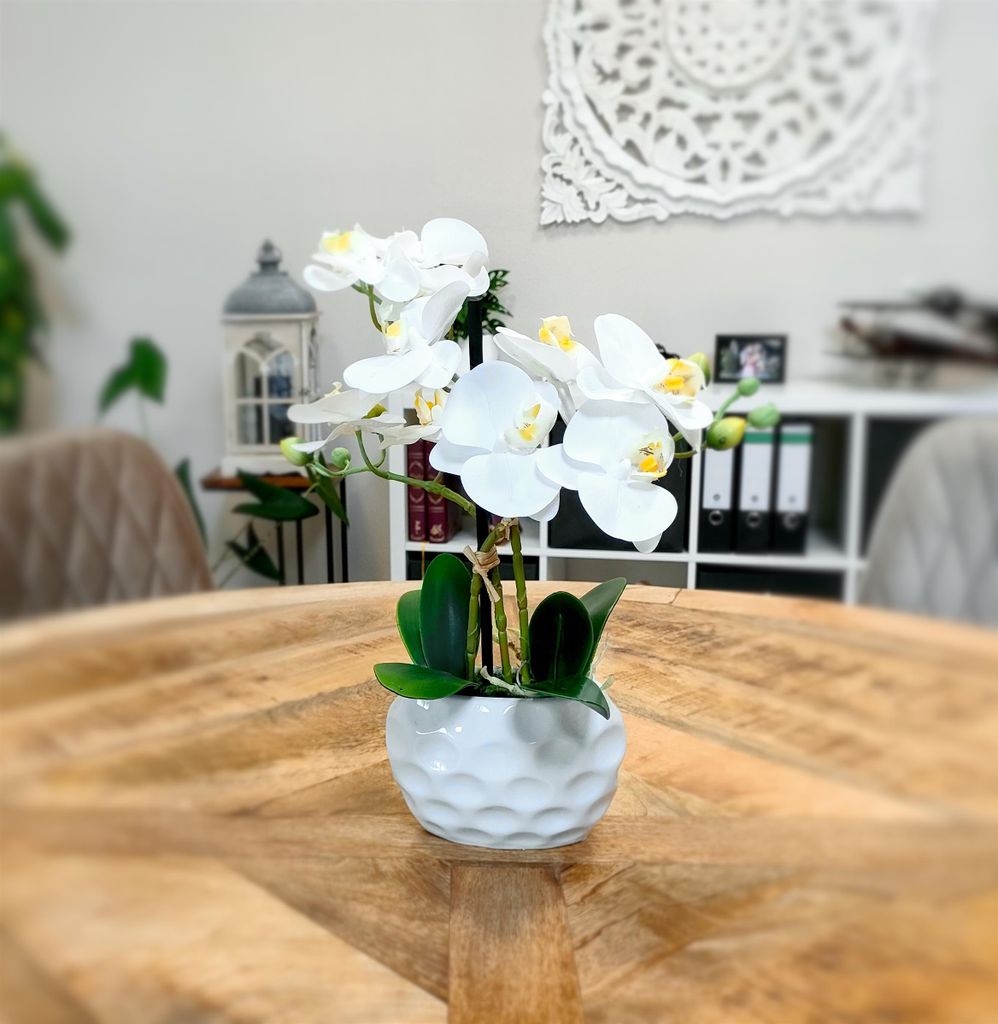 Kunst-Pflanze Orchidee ovaler Topf weiß hochglanz und weiße Produktbild 