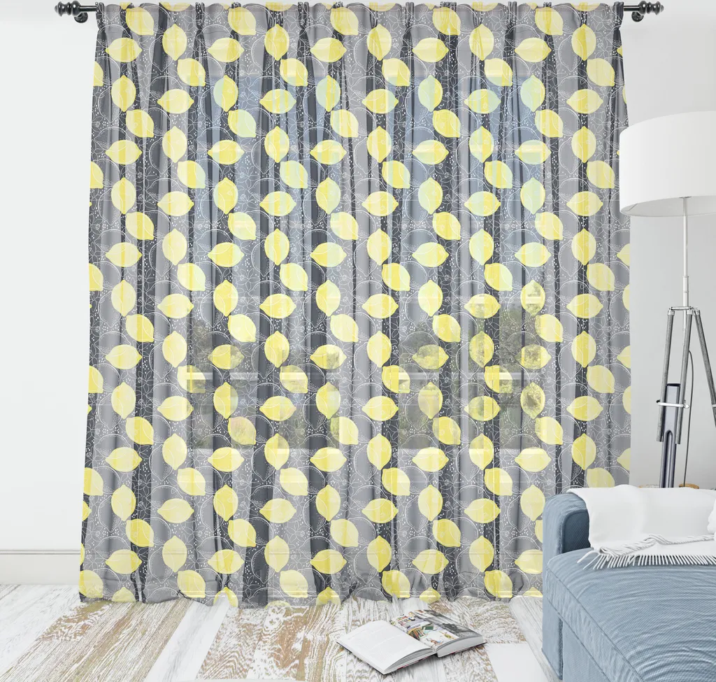 ABAKUHAUS Arazzo con frutta, Disegni artistici di limoni e fiori Illustrazione, Arazzo in raso setoso per soggiorno e camera da letto, 240 cm x 274 cm, Grigio antracite Giallo