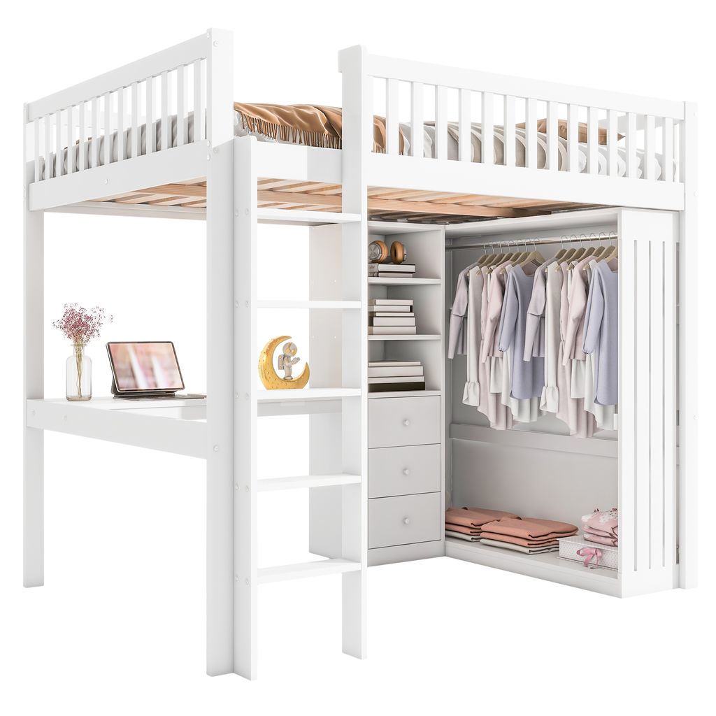 A white loft bed with a desk, closet, and shelves, featuring clothing and bedding.