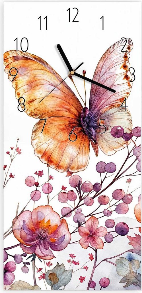 Wanduhr aus Glas mit Motiv Blumen und Schmetterlinge- 30 x 60 cm - inkl. Aufhängesystem