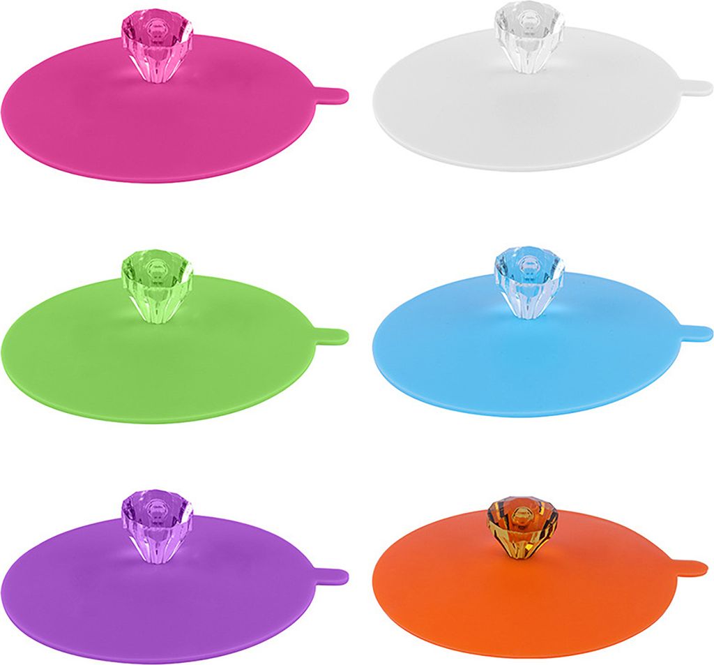 6-teiliger Becherdeckel, hitzebeständig, Mehrzweck-Becherdeckel aus Silikon mit Strass-Knopf für Tassen, Becher, Weingläser