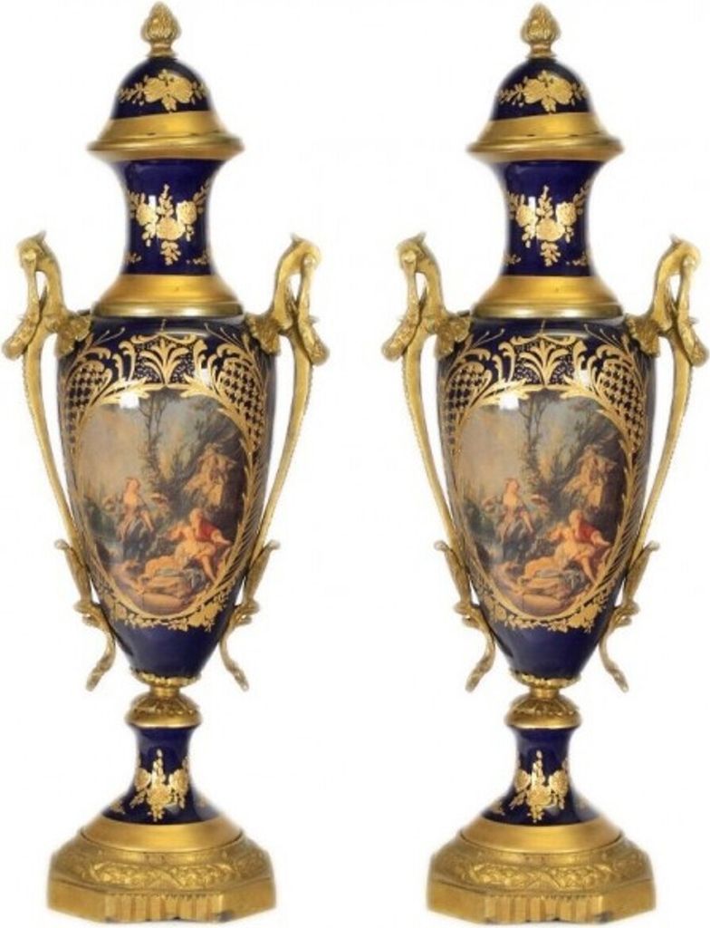 Casa Padrino Barock Porzellan Pokal Set Kobalt / Gold B20 H58 cm (2 Stück) - Grand Decor - Hotel Dekoration