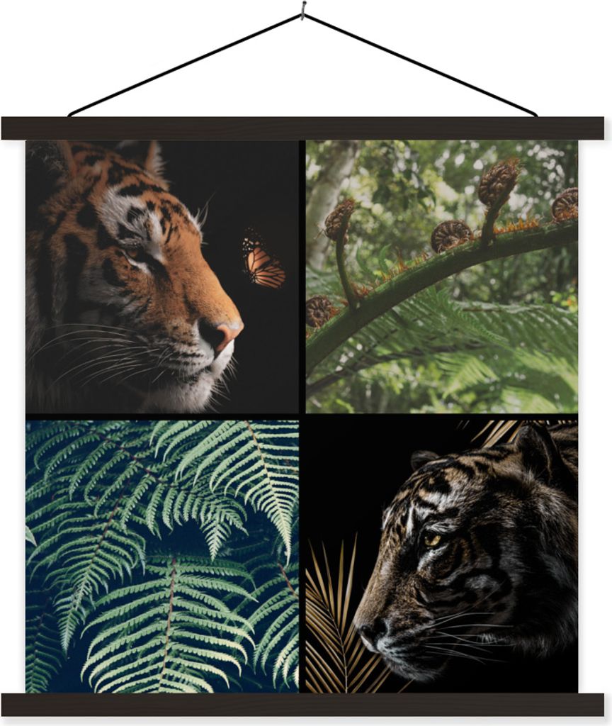MuchoWow Textilposter Tiger - Pflanzen - Baum - Schmetterling 120x120 cm mit schwarzem Rahmen - Aufhängungsset