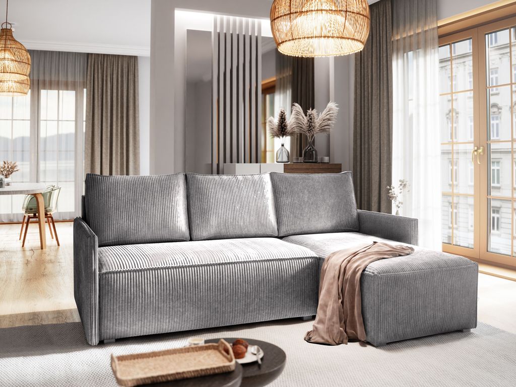 Masseno Ecksofa PERUSI mit Schlaffunktion L-Form, Sofa mit Bettkasten, Wohnzimmersofa, Couch, Soffa, Bettsofa, Couchgarnitur- Hellgrau, POSO 55