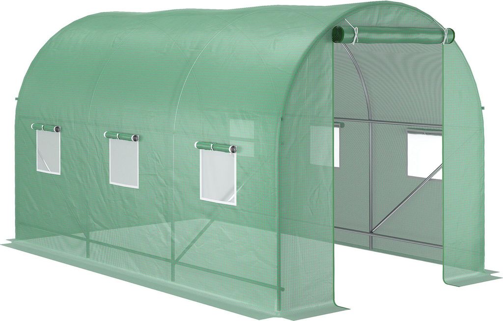 Gewächshaus 350x200x200cm Foliengewächshaus Tomatenhaus mit Tür, 6 Fenster, Folientunnel aus verzinktem Stahl, PE, stabiles Treibhaus Pflanztunn...
