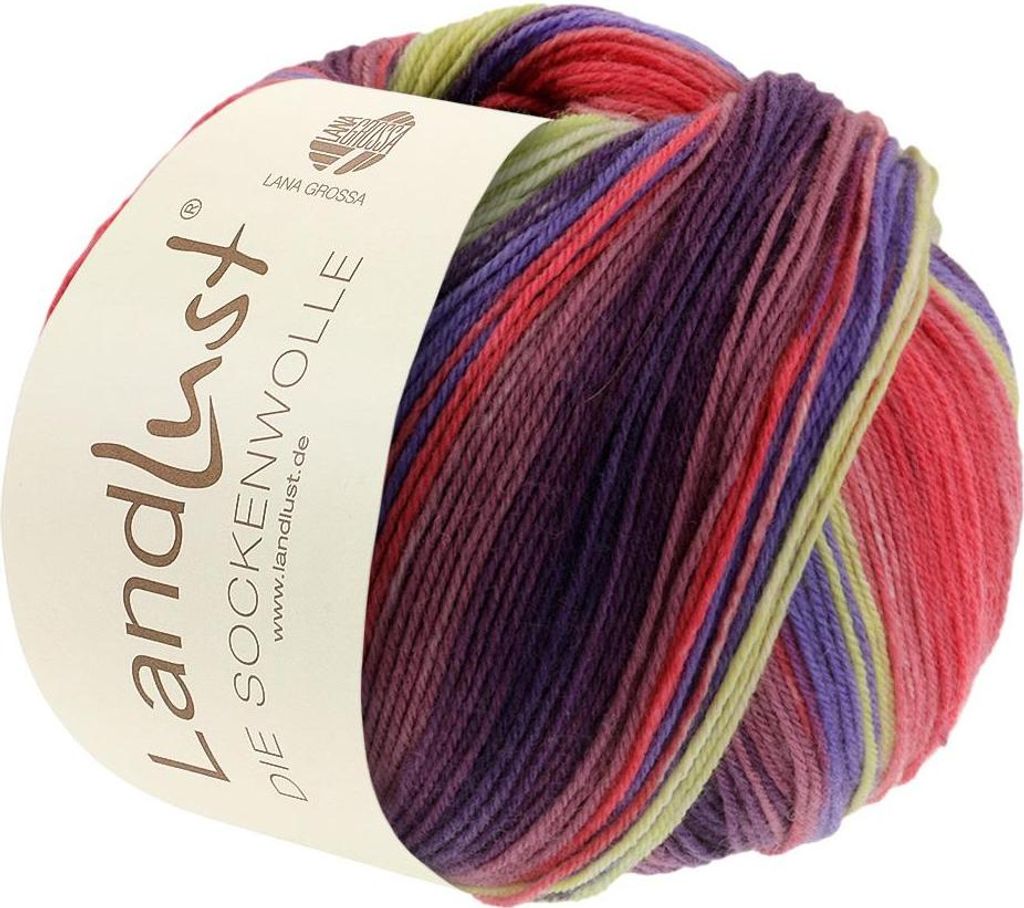 Lana Grossa - Landlust die Sockenwolle 0127 lavendel rot hellgrün weißgrün gelb tomatenrot mauve aubergine gestreift