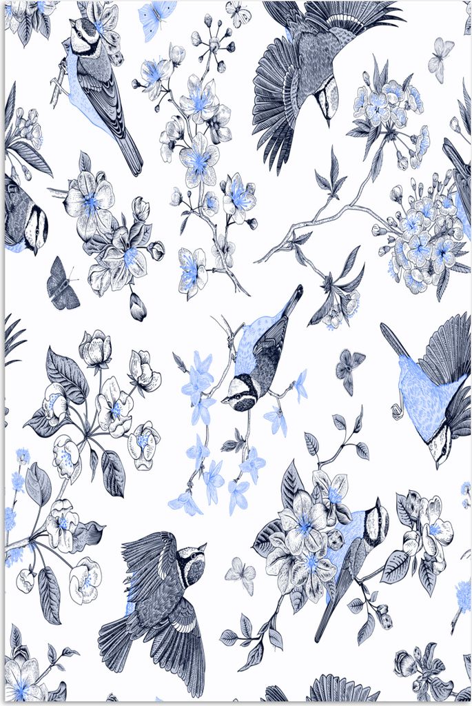 MuchoWow Poster Blumen - Vogel - Blau 20x30 cm - Papierdruck