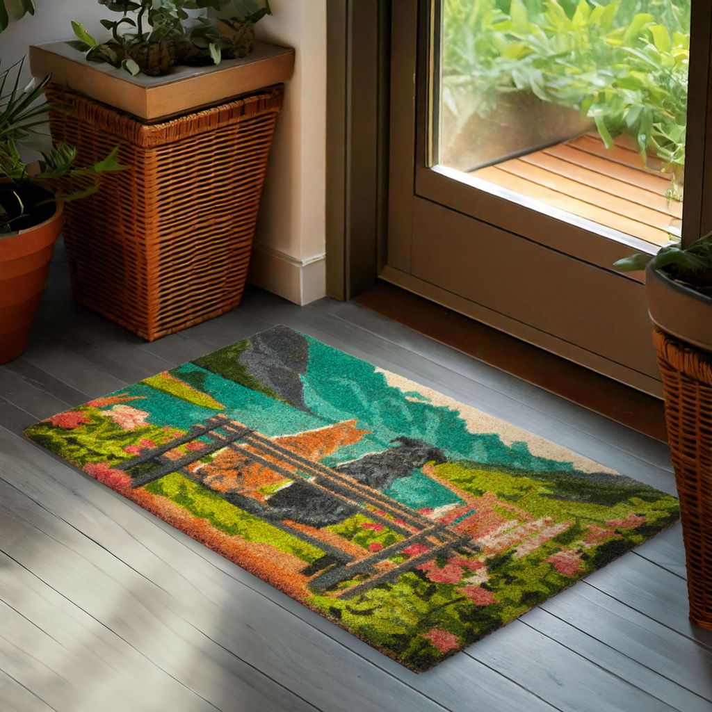 BRUBAKER Fußmatte für Außen und Innen - Hund und Katze vor See mit Blumen - 45 x 75 cm - Wetterfest & Rutschfest - Antirutsch Türvorleger