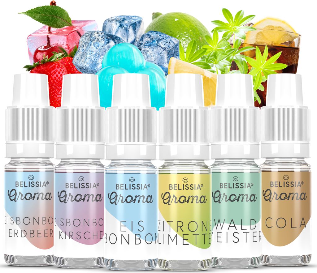 Belissia Lebensmittelaroma Set Erfrischung - 6x10ml Hochdosiertes Aroma - Kalorienfrei, Vegan - Für Speisen, Getränke, Shake, Quark, Nebelmaschin...