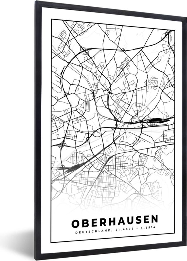 MuchoWow Gerahmtes Poster Karte - Oberhausen - Stadtplan - Wegbeschreibung 60x90 cm - Poster mit Schwarzem Bilderrahmen Wandposter Rahmen Foto Bi...