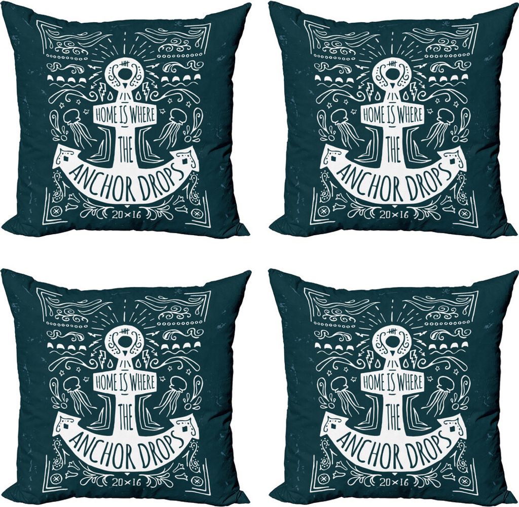 ABAKUHAUS Anker Kissenbezug Set (4 Stück), Hand gezeichnet Hipster, Moderner Doppelseitiger Digitaldruck, 50 cm x 50 cm, Dunkelblau Weiß