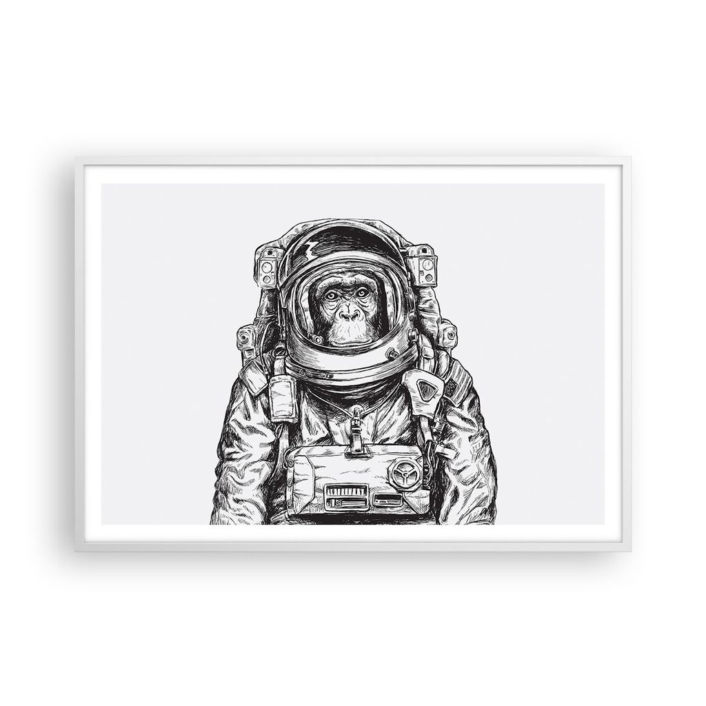 Gerahmtes Poster - Weißer Rahmen - Schimpanse Astronaut Zeichnung - 100x70 cm - Wand Bild - Wanddeko - Wandbilder - Wandposter - Bilderrahmen - Bi...