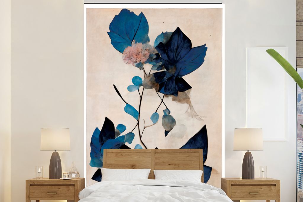 MuchoWow Fototapete für Wohnzimmer oder Schlafzimmer Wandtapete Vinyl Motivtapete Pflanzen - Blätter - Blau - Blumen - 155x240 cm - Tapete