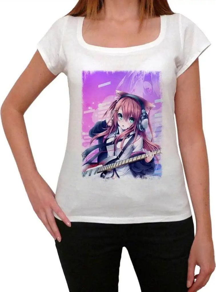 Damen Grafik T-Shirt Manga catgirl gitarre – Manga Catgirl Guitar – Öko-Verantwortlich Vintage Jahrgang Kurzarm Lustige Druck Geburtstag Gesch...