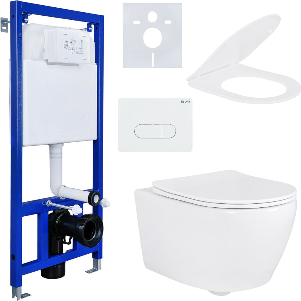 Wand‐WC Komplettset mit Vorwandelement & UP‐Spülkasten, spülrandloses Wand‐WC Softclose Sitz, Betätigungsplatte & Schallschutzmatte & Mont...
