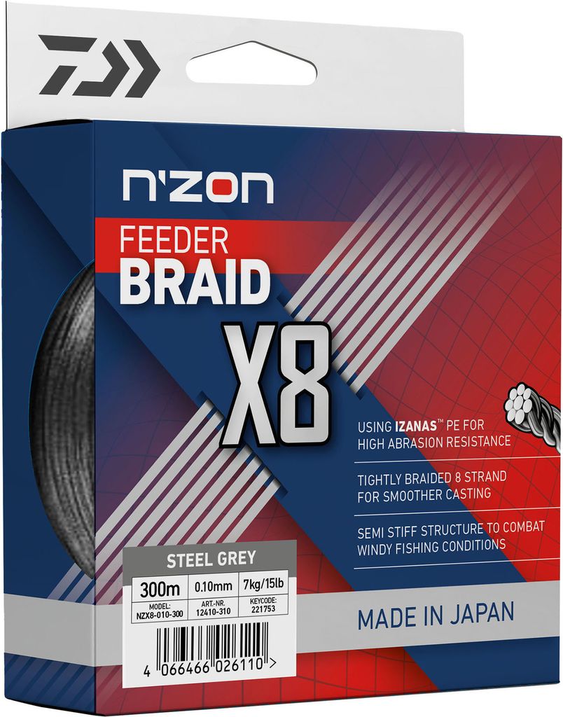 DAIWA N'ZON X8 BRAID, 300m, 0,1mm, 7kg / 15,43lbs, grigio, Immagine del prodotto 
