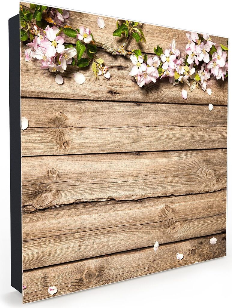 Nachbildung-Schlüsselkasten, Magnetpinnwand und Memoboard mit Glasfront Motiv Blüten auf Holztisch