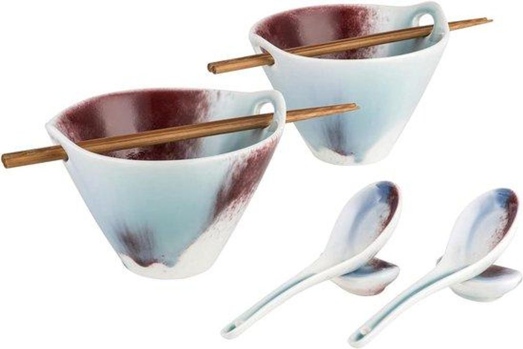Ramen Bowl Set 2-teilig 600 ml mit Löffel und Essstäbchen für asiatische Teller - ideal für Pasta, Muesli und Salat - blaue und rote Schalen