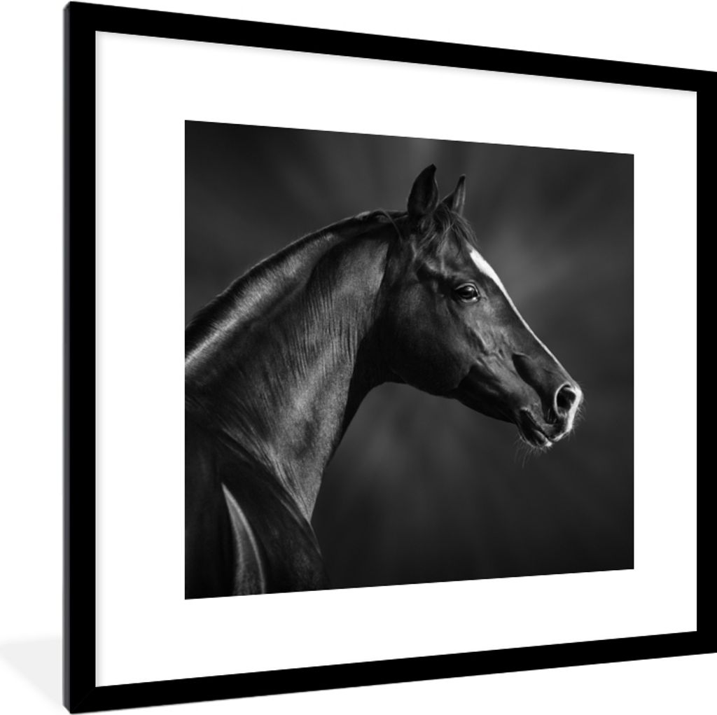 MuchoWow Gerahmtes Poster Pferd - Tiere - Schwarz - Weiß - Porträt 40x40 cm - Poster mit Schwarzem Bilderrahmen Wandposter Rahmen Foto Bilder -...