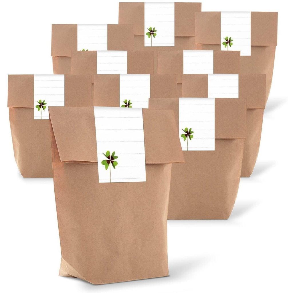 25 kleine braune natur Geschenktüten Papier-Tüten + beschreibbare Aufkleber WEISS KLEEBLATT Glücksbringer 14 x 22 x 5,6 cm Verpackung Geschenk H...