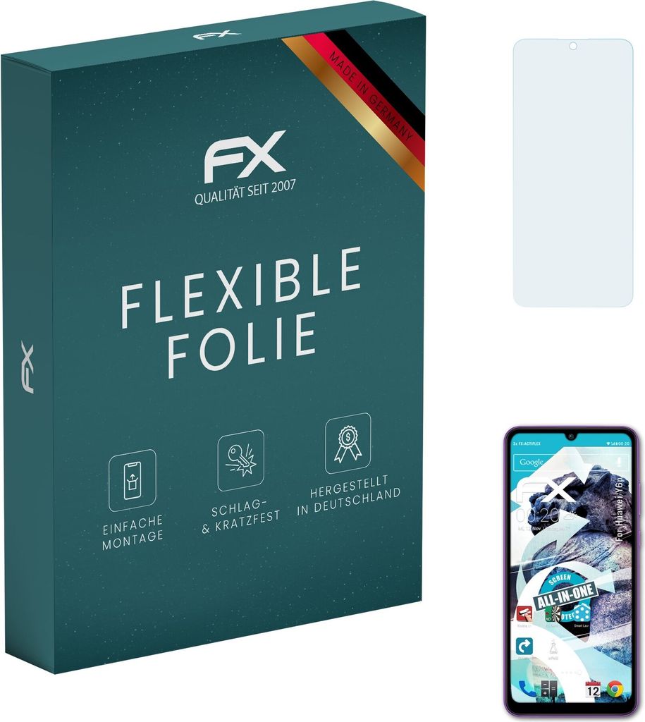 atFoliX FX-ActiFleX 3x Schutzfolie kompatibel mit Huawei Y6p Folie