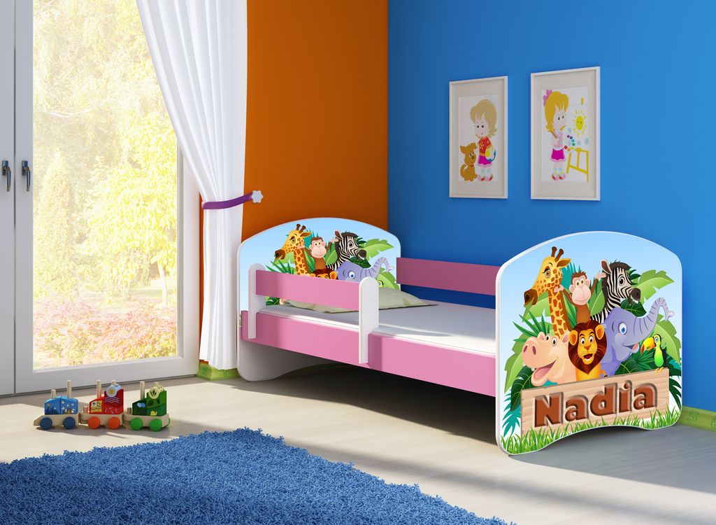 ACMA Jugendbett Kinderbett Junior-Bett Komplett-Set mit Matratze Lattenrost und Rausfallschutz Rosa 02 Animals Name 160x80