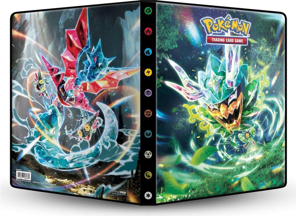 A Pokémon trading card binder with artwork of Pokémon characters on the front and back covers.